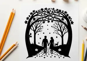 Romantic silhouette of couple holding hands in forest with deer and trees