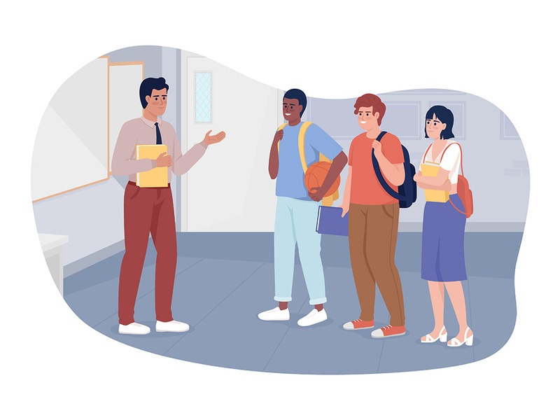 Teacher communicating with students 2D vector isolated illustration