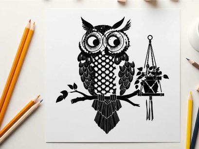 Owl silhouette perched beside hanging plant