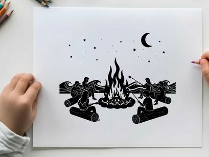 Silhouette of people by campfire under starry night sky silhouette