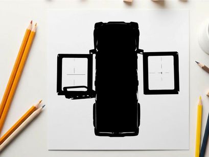 Silhouette of a black suitcase with multiple compartments and opened panels