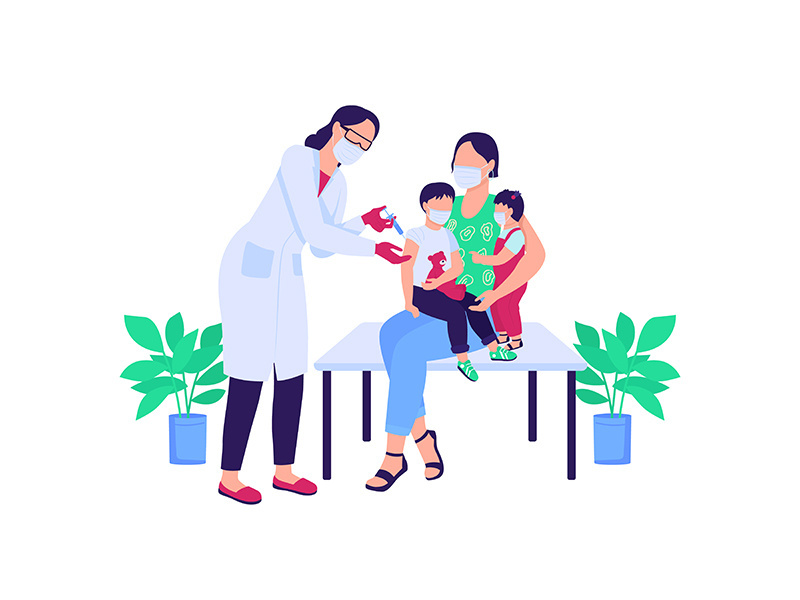 Doctor vaccinating children flat color vector faceless characters