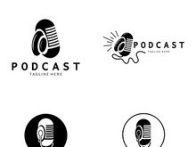 podcast logo with microphone and earphone audio, radio waves. for studio, talk show, chat, information sharing, interview, multimedia and web.