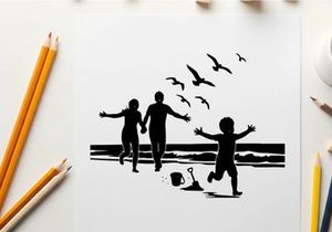 Family silhouette running on beach with seagulls flying overhead