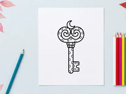 Vintage skeleton key with ornate crescent moon and stars design. Gothic antique key illustration for Halloween decor and mystical themes.