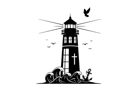 Lighthouse silhouette standing tall against turbulent seas and sky