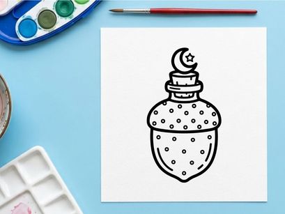 Hand-drawn Halloween potion bottle with cork stopper. Vintage magic elixir jar illustration for spooky decorations.