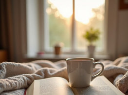 An open book lies on a cozy blanket with a mug resting on top. preview picture