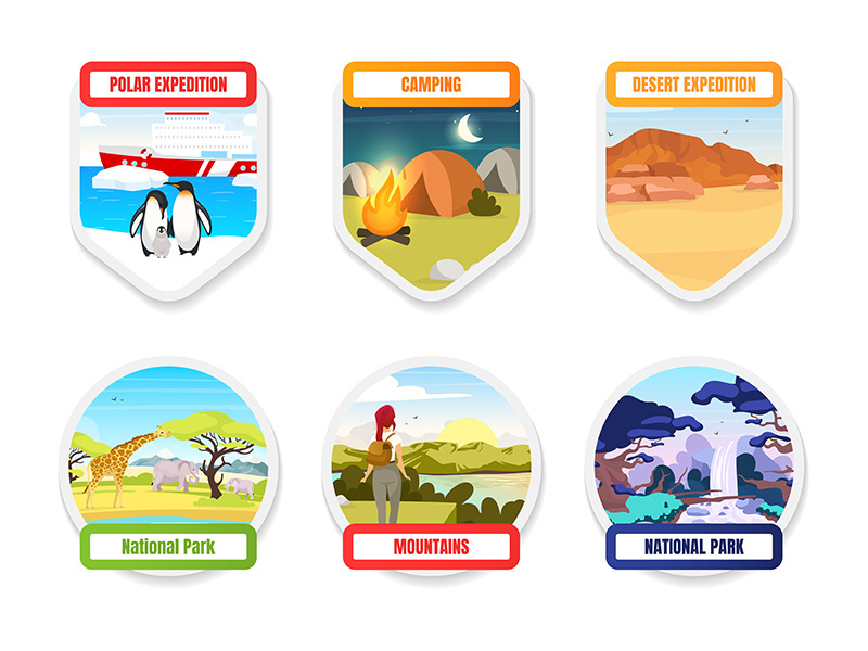 Expedition flat color vector badge set