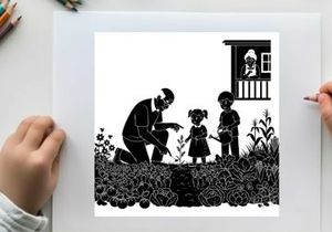 Silhouette of a man and children in a garden with a house