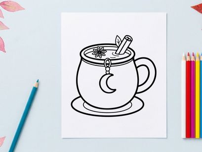 Halloween coffee cup with stir stick and candy. Spooky hot beverage mug featuring festive stirrer and seasonal design for autumn celebrations.
