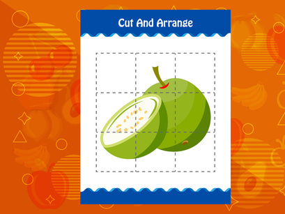 10 Pages Cut and arrange with a fruit worksheet for kids. Educational game for children