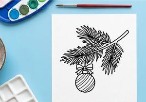 Cabang pohon Natal dengan hiasan gantung, seni garis hitam putih yang digambar tangan.