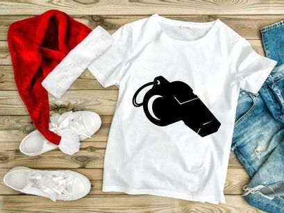 A black and white image of a referee whistle with a ring