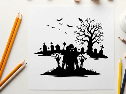 Silhouette of a zombie rising from a grave at night