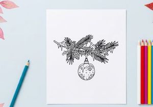 Christmas bauble hanging on a pine branch sketch, festive holiday line art illustration.