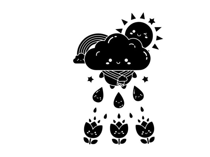 Silhouette of a smiling sun and cloud with rain and flowers