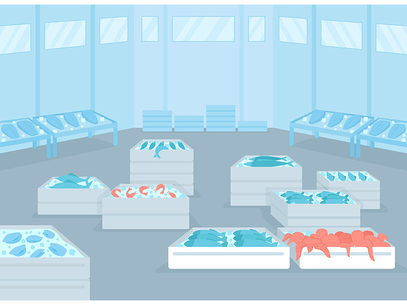 Wholesale seafood facility flat color vector illustration