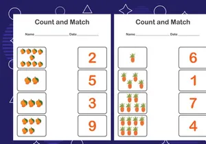 10 Pages Count and match with the correct number. Matching education game. Count how many items and choose the correct number