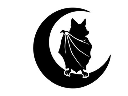 Ilustración de silueta estilizada de un gato negro con capa sentado en una luna creciente
