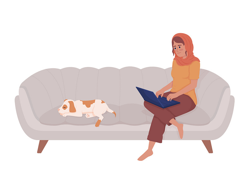 Woman working at home semi flat color vector character