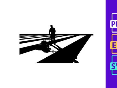 A man pulling a luggage on a striped surface with long shadows