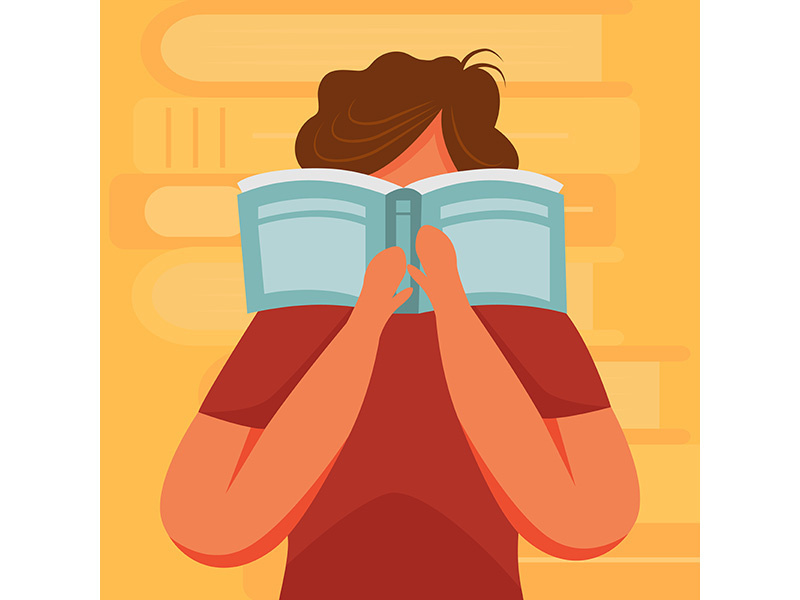 Brunette person reading book flat vector illustration