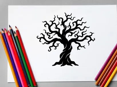 Silhouette eines blattlosen Baumes mit sich windenden Ästen für Designprojekte