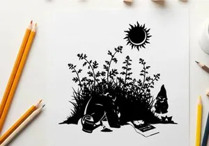 Silhouette of a person sitting under sun with plants and gnome