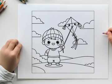 Boy flying kite vector illustration flat design kids activity preview picture