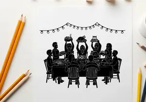 Silhouette of people celebrating with food and lights at a dinner table