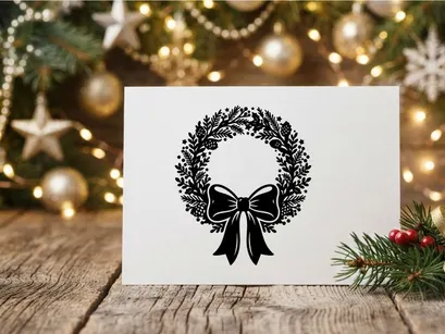 Schwarz-Weiß-Illustration eines Weihnachtskranzes mit Tannenzapfen und einer dekorativen Schleife