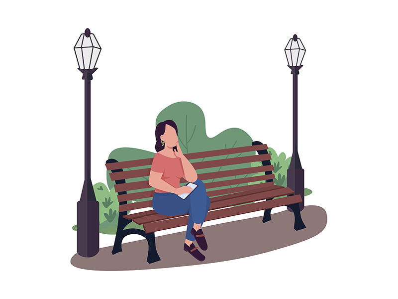 Woman sitting on bench in park semi flat color vector character