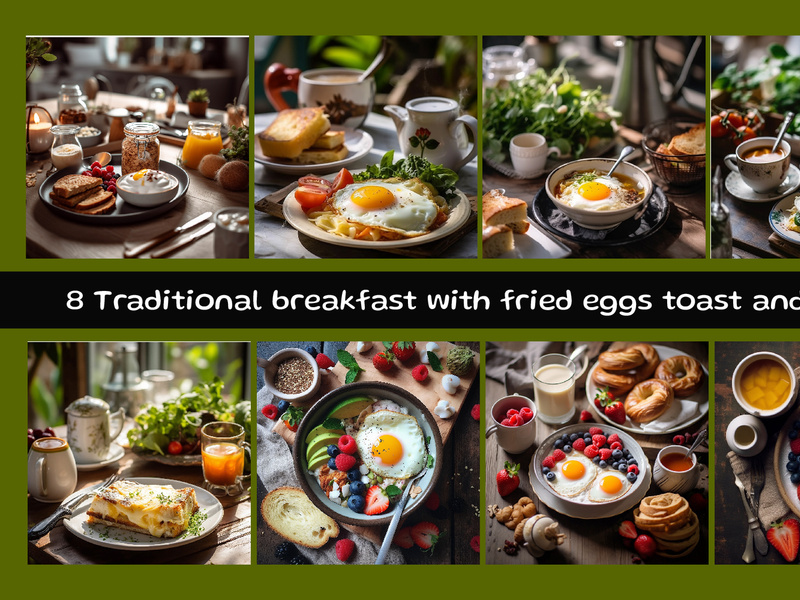 Traditional breakfast with fried eggs toast and salad on the plate