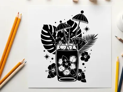 Tropical silhouette of a refreshing cocktail with umbrella and leaves