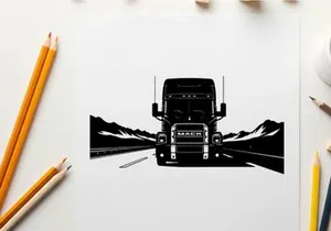Silhouette of a large truck driving on a mountain road