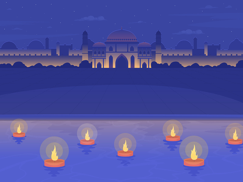 Diwali diyas floating in Ganges river flat color vector illustration