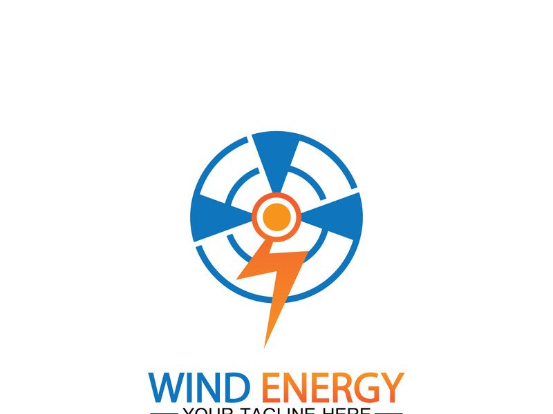 Wind energy logo. renewable energy icon with wind turbines and thunder bolt isolated on white background