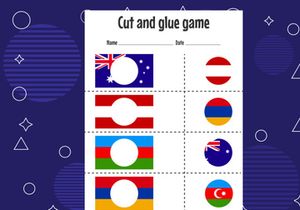 12 Pages Cut and glue game for kids with country flag. Cutting practice for preschoolers. Education paper game for children
