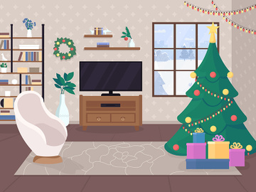 Modern christmas house inside flat color vector illustration preview picture