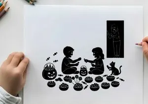 Halloween silhouette of children and cat with jack o lanterns and treats