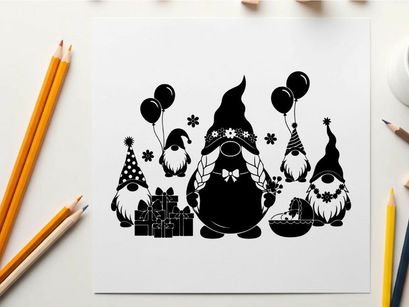 Black silhouette of gnomes celebrating a festive holiday with balloons and gifts