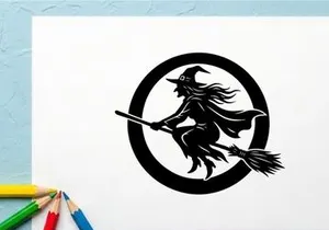 Witch Flying on Broomstick in Full Moon Night Scene