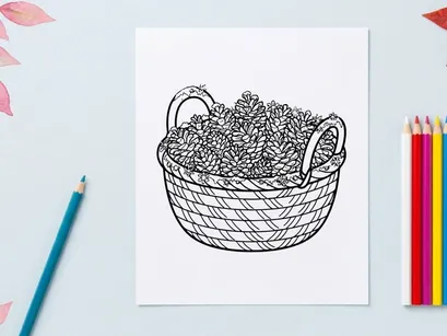 Hand drawn illustration of a basket filled with pine cones