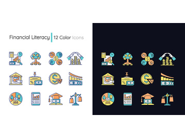 Financial literacy light and dark theme RGB color icons set preview picture