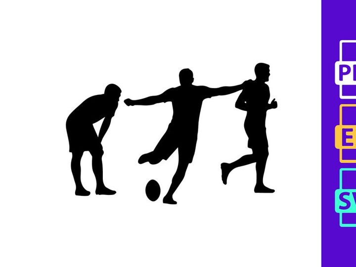 Silhouette of three soccer players in action kicking ball