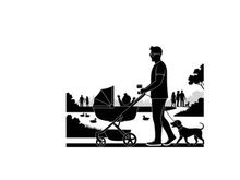 Silhouette of a man walking dog and pushing baby stroller in park