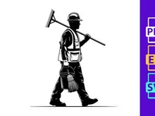 Construction worker walking with a rake on shoulder in a hard hat and vest