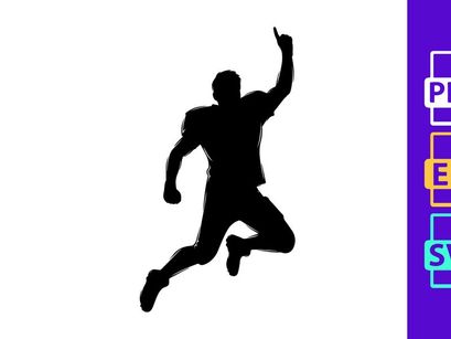 A silhouette of a person jumping up in the air with one arm raised high