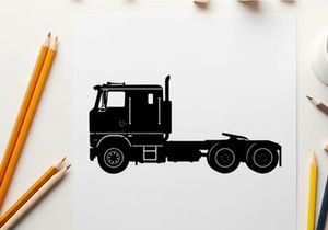 Silhouette of a semi truck tractor unit with cabin and wheels